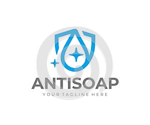 Antiseptic liquid logo design. Drop and shield vector design photo