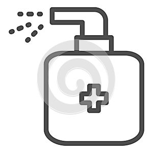 Antiseptic spray line icon, wash and hygiene concept, Disinfectant medical bottle with cross sign on white background