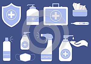 Antiseptics, a set of antiseptics for hands and body. Vector illustration.