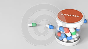 Antispam capsules in a jar. Conceptual 3D rendering photo