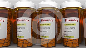 ANTISPAM caption on pill prescription bottles. 3D rendering photo