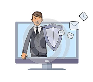 Antispam defender. Man with a shield protecting conputer from unwanted mail and spam. Concept vector illustration. Flat photo