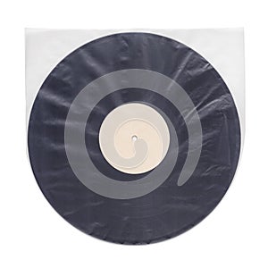 Antistatic clear plastic inner sleeve with vinyl LP record isolated on white photo
