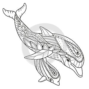 Antistress coloring book Dolphin with baby Dolphin in Zen style