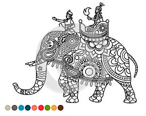 Antistress coloring page with maharaja on elephant