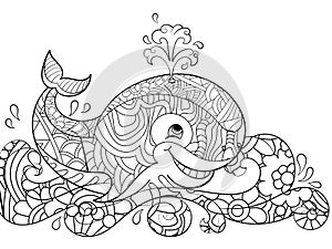 Antistress coloring whale on the waves. Scribbles, black lines, pattern, white background. Big fish in water vector