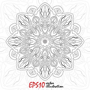 Antistress snowflake. Template for cover, poster, t-shirt or tattoo. Winter coloring pages for adult art therapy.