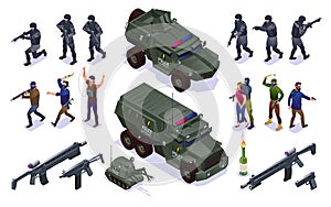 Antiterror Special Police Forces and Terrorists Set isometric icons on isolated background photo