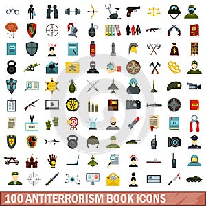 100 antiterrorism book icons set, flat style photo