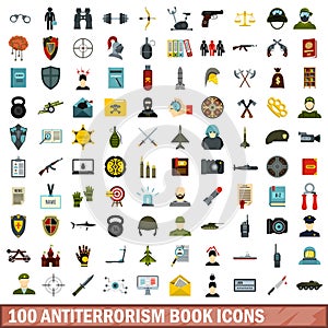 100 antiterrorism book icons set, flat style