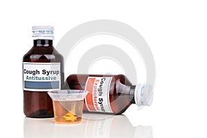 Antitussive and expectorant cough mixture is prescribed as medication for dry cough and chesty cough respectively photo