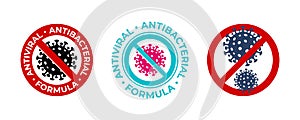 Antiviral antibacterial coronavirus formula vector icons. Coronavirus 2019 nCov, Covid 19 NCP virus stop signs