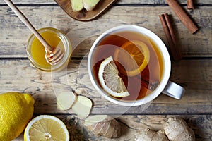 Antiviral Healthy drink useful tea with ginger, lemon and honey. . Hot winter beverage concept.