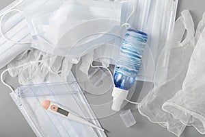 Antiviral personal protective equipment during quarantine, medical masks, gloves and antibacterial hand spray