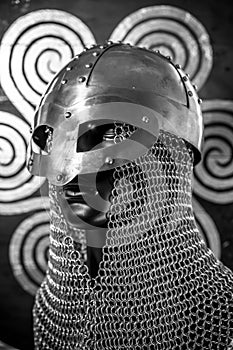 antivirus or firewall concept, Viking warrior helmet with chainmail over silver shield