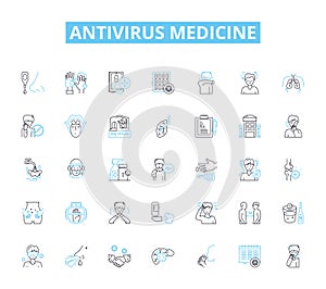 Antivirus medicine linear icons set. Protection, Security, Safety, Defense, Shield, Immunity, Firewall line vector and
