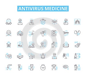 Antivirus medicine linear icons set. Protection, Security, Safety, Defense, Shield, Immunity, Firewall line vector and