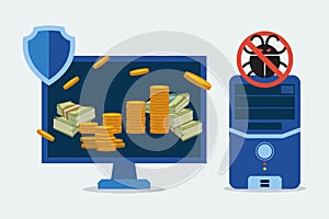 Antivirus for protection computer parts vector illustration. Secure banking operations on computer, electronical device.