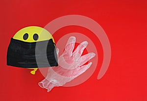 Antivirus protection concept, yellow balloon in black medical mask
