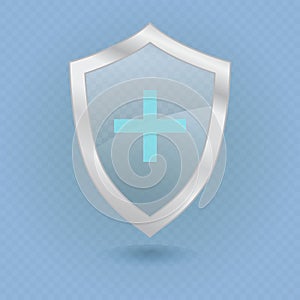 Antivirus protective shield with blue cross. Medical glass and steel buckler symbol. Pharmacy protection sign. Vector illustration