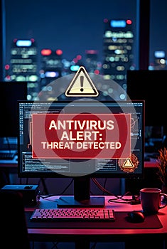 Antivirus Threat Detected Warning On Computer Screen In Modern Night Office Environment
