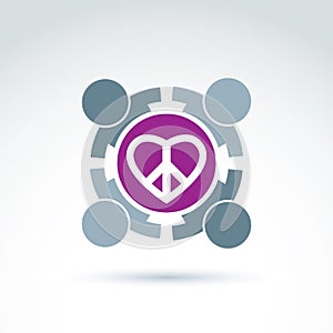 Antiwar and love vector icons. People holding hands around a loving heart sign with peace symbol from 60th. Harmony relationship