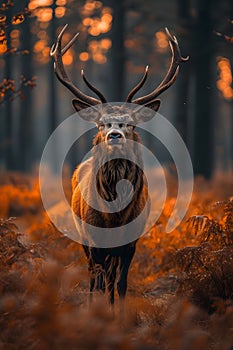 An antlered deer against a autumn forest background. Deer in a forest. vertical orientation
