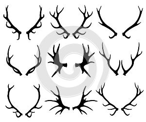 Antlers, deer and reindeer horns vector silhouettes isolated on white