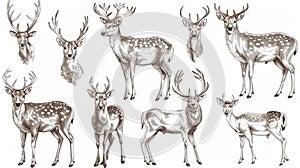 Antlers of a deer and reindeer on white background in a retro realistic style. Hand-drawn graphic modern illustration