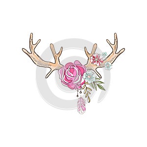 Antlers with flowering plants, hand drawn floral composition with deer horns vector Illustration on a white background