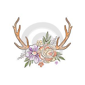 Antlers with flowers and plants, hand drawn floral composition with deer horns vector Illustration on a white background