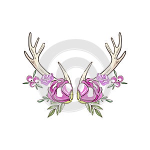 Antlers with pink roses and berries, hand drawn floral composition with deer horns vector Illustration on a white