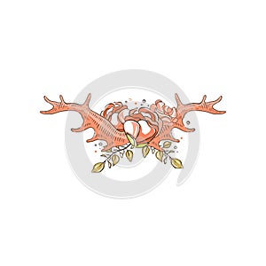 Antlers with roses and plants, hand drawn floral composition with deer horns vector Illustration on a white background