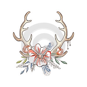 Antlers with a wreath of flowers, hand drawn floral composition with deer horns vector Illustration on a white