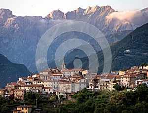 Antona village in the Apuan Alps, Alpi Apuane, near the Vestito Mountain Pass. Massa Carrara, Italy, Europe. Sun setting photo