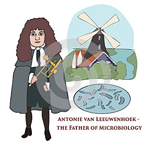 Antonie van Leeuwenhoek, Dutch scientist, vector cartoon