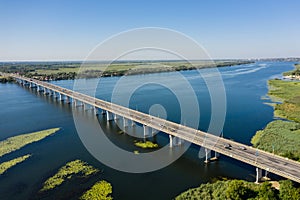 The Antonovsky bridge in Kherson city aerial view.