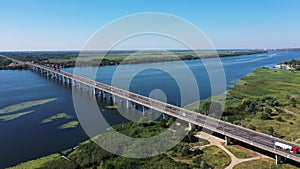 The Antonovsky bridge in Kherson city aerial view.