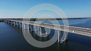 The Antonovsky bridge in Kherson city aerial view. Close-up