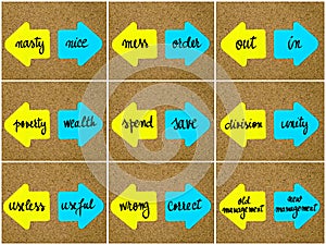 Antonym concepts written on opposite arrows