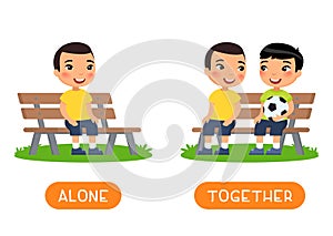 Antonyms concept, ALONE and TOGETHER. Educational word card with opposites.