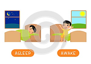 Antonyms concept, ASLEEP and AWAKE. Educational word card with opposites.