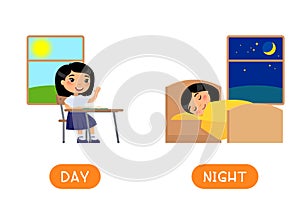 Antonyms concept, DAY and NIGHT. Educational word card with opposites.