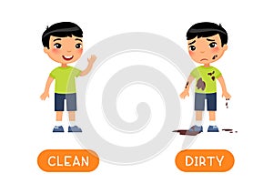 Antonyms concept, DIRTY and CLEAN. Educational word card with opposites.