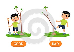 Antonyms concept GOOD and BAD. Kids flash card with opposites vector template. Word card for english learning with little boy