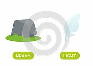 Antonyms concept, HEAVY and LIGHT. Educational flash card with stone and feather template