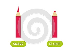 Antonyms concept, SHARP and BLUNT. Educational flash card with sharpened and blunted pencils template.