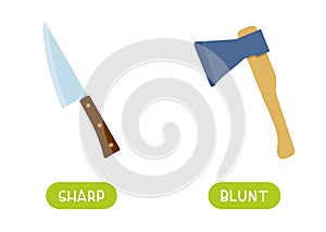 Antonyms concept, SHARP and BLUNT. Word card for english language learning with opposites.