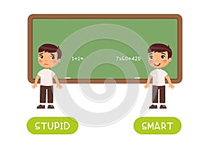 Antonyms concept, STIUPID and SMART. Word card for english language learning with opposites.