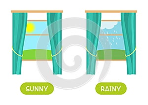 Antonyms concept, SUNNY and RAINY. Educational flash card template with different weather outside the window.